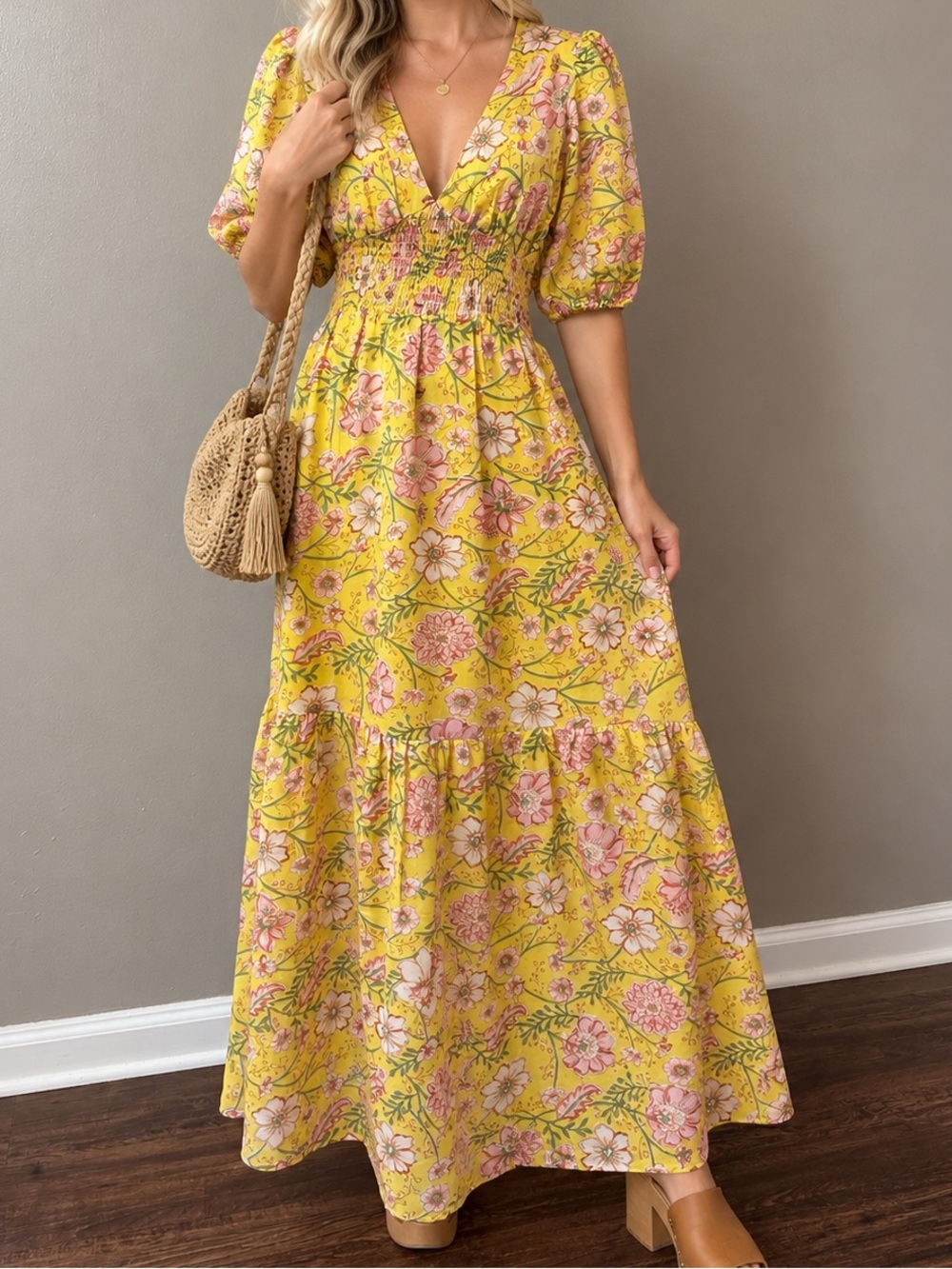 NWOT Billabong Small Maxi Dress Spellbound Floral V-Neck Smocked Waist Dress